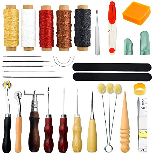 BGTXINGI 25-teiliges Handwerkzeug-Set für Lederhandwerk, Handnähen, Nähwerkzeug, handliche Nähnadel, gewachste Profilahle, Groover-Set für DIY-Leder-Näharbeiten, Zubehör