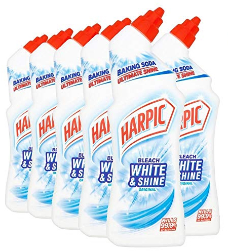 Harpic White & Shine Toilet Bleach Gel, Original Scent, Pack 6 x 750 ml, Kills 99.9% of Bacteria, Toilet Cleaner