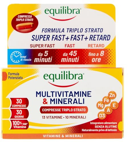 equilibra Integratori Alimentari, Multivitamine & Minerali, Formula Potenziata, per Energia, Sostegno, Mente, Metabolismo, 30 Compresse Triplo Strato a Rilascio Differenziato nel Tempo