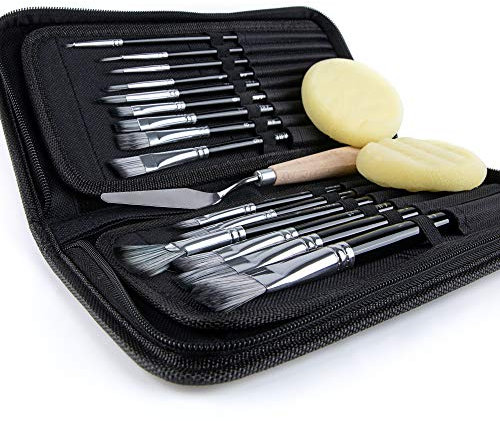 Artify Ensemble de 15 pinceaux pour Peinture à l'huile Acrylique Gouache à l'aquarelle avec étui de Transport Pop-up avec Couteau à Palette et 2 éponges - Noir