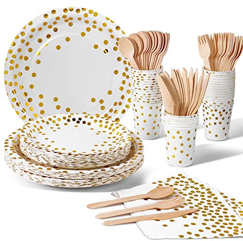 Nkaiso Vajilla de fiesta,140 piezas Blanco puntos dorados, set de juego de platos y cubiertos, cubertería de cartón, vasos, platos y servilletas, para cumpleaños, bodas, aniversarios (20 invitados)