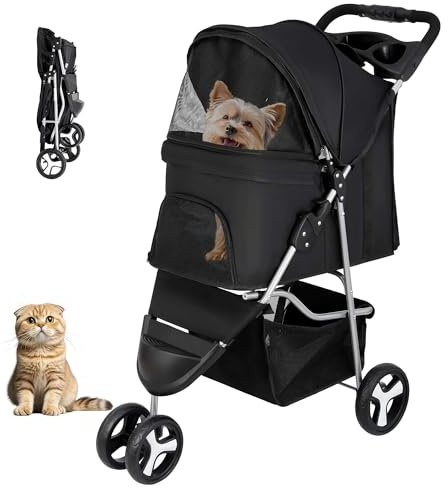 ZENY Foldable Pet Stroller, Cat/Dog Stroller with 3 Wheel, Pet Strolling Cart, Dog Travel Carrier with Storage Basket + Cup Holder, Black