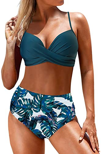 Yutdeng Trajes de Baño Divididos Mujer Push Up Bikinis con Aros Sexy Crossover Fruncido Conjunto de Bañador Correas Ajustables Estampado Braguita de Bikini Cintura Alta,Azul,S