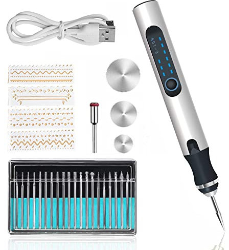 Elektrischer Gravierstift Gravierwerkzeugsatz Micro Gravierer Ätzstift DIY Drehwerkzeug für Schnitzen, Glas, Holz, Metall, Stein, Kunststoff, Keramik, Schmuck (Silber)