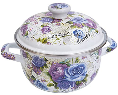 Yardwe Pentola per Stufato di Fiori retrò Pentola per Zuppa Smaltata Pentola Smaltata Vintage con Coperchio Due Manici Pentola da Forno Rotonda per Cucine A Induzione Fornello A Gas