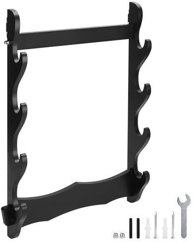 SWAWIS 4 Stufiger Katana Wandhalterung Schwarz, Holz Katana Halterung 51x35cm, Schwerthalter Wandmontierter, Schwertständer für Angelruten Katana Schwerter Flöten