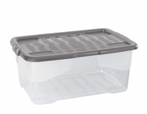 Strata 3 x 42 Litres Curve Plastic Stackable Storage Box & Lid with clip-on lids, 3 Pack, Multi storage box for home and office storage solution Clear Box, Grey Lid, (25cm H x 40cm W x 60cm D)