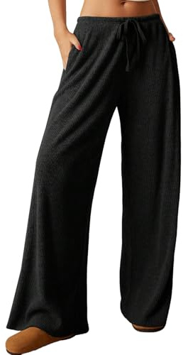 Nuofengkudu Pantalones de Lounge de Pierna Ancha Sueltos con Cintura Alta y Cordón para Mujeres, Color Sólido Negro M