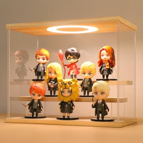 Huijintao Vitrine Acrylique, Vitrine pour Collection, Vitrine Figurine, Vitrine en Verre pour modèles, Figurines, Objets de Collection, avec éclairage LED, 3 étages, Couleur du Bois (30x16x24 cm)