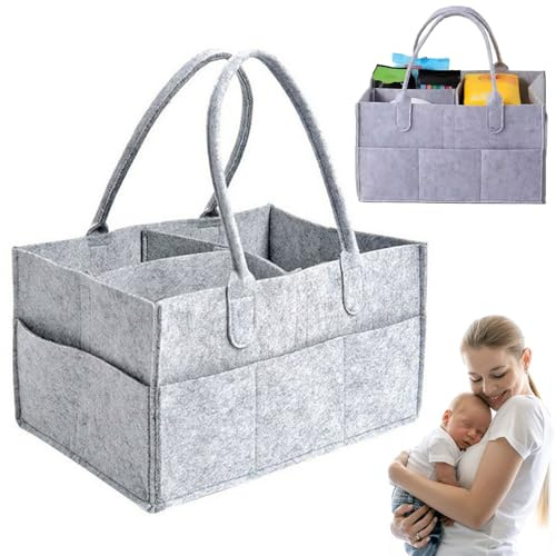 Organizador Pañales,Organizador de Bolso Cambiador,Cesta Organizadora Bebe,Cesta Organizadora,Organizador de pañales para bebés con Compartimentos Desmontables,Cesta bebe,Bolsa de fieltro,Gris