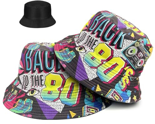 TUONYIS 2 Piezas 80s Gorros Pescador, Sombrero de Pescador Reversible Bucket Hat Sombrero de Pescador Plegable Sombrero de Pescador Impreso para el Aire Libre (FR/ES, Letras, Talla única, Negro)