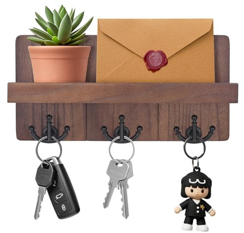 Kldgris Key Holder for Wall, Key Organiser with 3 Sturdy Key Hooks, Key Hooks Wall Mounted Decor Wood Key Rack for Hallway, Entryway, Mudroom, Office (Brown)