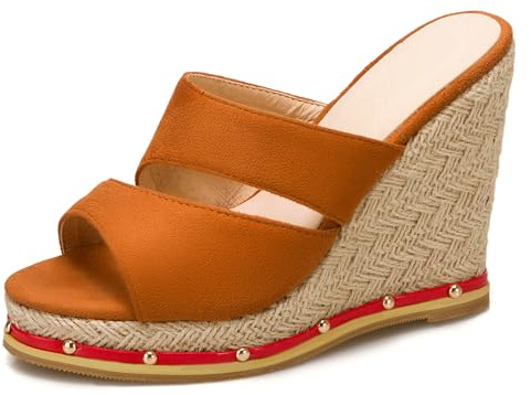 Lizoleor Espadrilles Femme Bride Arrière Compensées Talon Haut Mules Peep Toe A Enfiler Été Outdoor Sandales Marrón Taille 48 EU/50CN