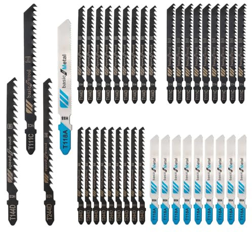 Juego de 40 hojas de sierra de calar profesionales, hoja de sierra de calar de madera en T, herramienta de corte de acero al carbono para cortar madera, plástico y metal, compatible con todos