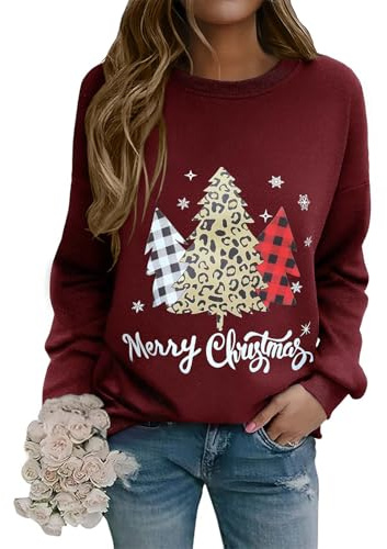 Lonya Sudadera Navideña Mujer Jersey Feo Ugly Christmas con Árbol de Navidad Manga Larga Cuello Redondo Informal y Divertida Camisetas para Fiestas