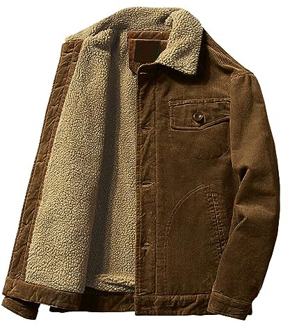 Generisch Cowboy - Giacca da uomo Corduroy Revers in pile con tasca, calda giacca invernale a coste, tinta unita, alla moda, per il tempo libero, in pile, caffè, L