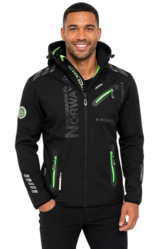 Geographical Norway Chaqueta Softshell Hombre Royaudb Dsitribrands Production Impermeable Cortaviento con Capucha para Exterior Rutas Senderismo Esquí Invierno Otoño Primavera (Negro Verde S)