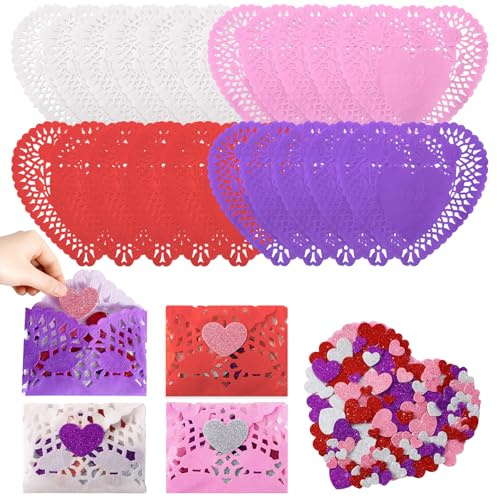 300PcsCraft Gift Heart Paper Doilies Sets Including 100 * 10 Inch Valentine Lace Paper Heart Doilies, 200 Glitter Heart Shaped Stickers for Mother's Day Wedding Cakes Desserts Food Decor