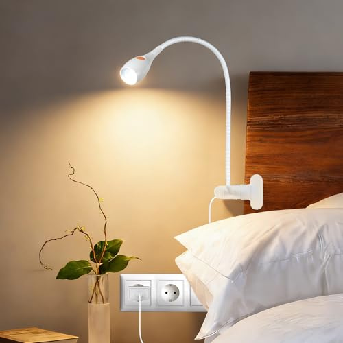 acegoo Luz de lectura minimalista para lámpara de clip, cabecero de cama, luz regulable, luz de libro de 3000 K/luz ámbar con adaptador USB-C, cuello de cisne flexible y práctico interruptor de cabeza