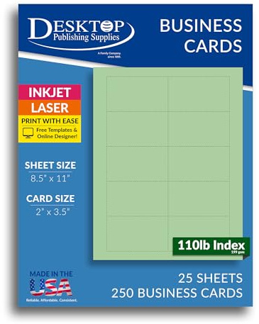250 Plain Green Business Cards 3.5 x 2 - Printable Colored Blank Business Card Paper Sheets, Micro Perforated Cardstock Business Cards 110lb Index (199gsm) for Inkjet Laser Printers,10UP - 25 Sheets