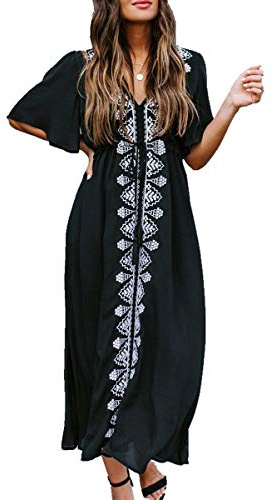 YOUKD Caftano Lungo Floreale Ricamato in Cotone Estivo Costume da Bagno Bohemian Beach Abito Maxi Cover Up da Donna
