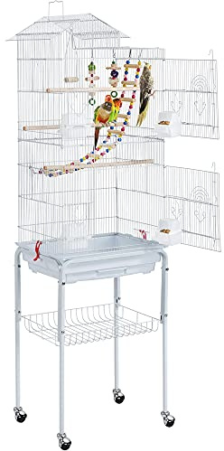 Yaheetech Cage Oiseaux Portable Poignée Volière avec Toit Équipé 3 Perchoir en Bois 4 Mangeoires 3 Jouets et 1 Swing 46 x 36 x 159 cm Blanc