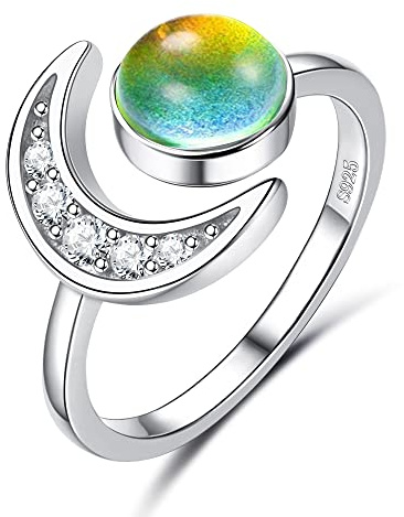 ADRAMATA 925 Sterling Silver Mood Ring Moon Star Open Adjustable Rings for Women White 18K Gold Plated Color Changing Mood Ring Temperature-Control Star and Moon Rings Statement Jewelry- Round
