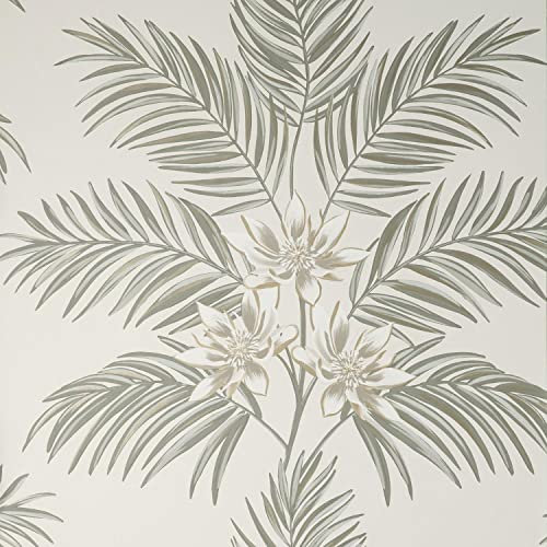 Bali Floral Leaves Cream Grey Wallpaper Botanical Flowers Modern Contemporary Palm Tropical Metallic Gold