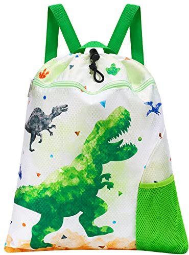 WAWSAM Dinosaur Kids Drawstring Backpack String Bag, 15” × 17” Gym Bag Cinch Bag for Boys Kids Waterproof Swim Beach Bag, Back to School Birthday Gift with Zippered Pocket and Bottle Pocket