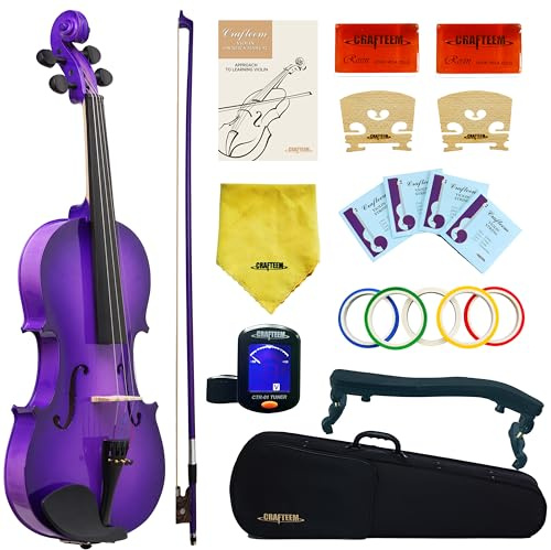 Crafteem 4/4 Full Size Fiddle Purple Colored Premium Violin Outfit for Beginners Adults Kids With 5 Color Fingering Tape- Handcrafted Student Beginner Violin. (Purple, 4/4 Full)