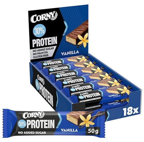 Barritas de Proteínas, Corny Protein, Vainilla recubiertas de Chocolate, 13,5 gr de Proteínas, 0% Azúcares Añadidos - Pack 18x50 g Taste the Power