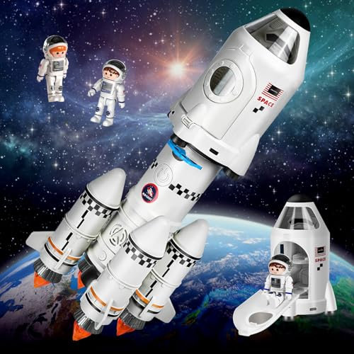Herenear Space Raketen Spielzeug für Kinder, Space Shuttle Spielzeug für Kinder 3 4 5 6 7 8 9 Jahre, 5-in-1 STEM Wissenschaft Lernspielzeug mit Astronauten, Projektionslampe