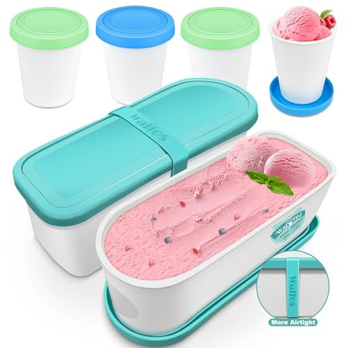Walfos Lot de 6 bacs à glace 1,5 l et 8 boîtes de 226 g - Couvercles en silicone hermétiques - Réutilisables - Empilables - Bleu