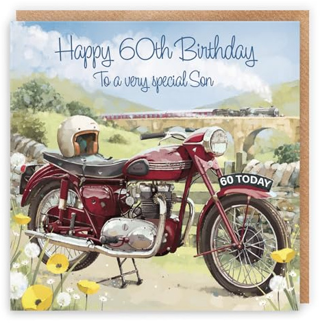 Hunts England - Grande carte d'anniversaire 60 ans pour fils – Happy 60th Birthday – Moto classique – Superbe carte d'anniversaire artistique pour fils – Train à vapeur – Collection Milo's Gallery –