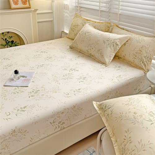 Treer Microfaser Spannbetttuch mit 2 Kissenbezug Rutschfestem Bettlaken, Atmungsaktivem in Vielen Größen und Farben, Hohe Tiefe Tasche bis 25cm (150x200x25cm,beige Blüten)