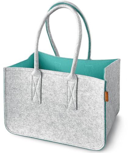 Miqio Design Filz Shopper | große Einkaufstasche mit Henkel und Innentasche | Shopping-Bag Einkaufskorb | Tragetasche aus Filz| Aufbewahrungskorb | Hellgrau-Petrol Blau