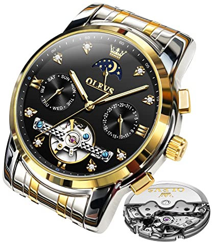 OLEVS Herrenuhren Automatik Mechanische Schwarz Armbanduhr mit Skelettiertem Tourbillon Kalender Wasserdicht Leuchtende Klassische Luxus Armbanduhren für Herren