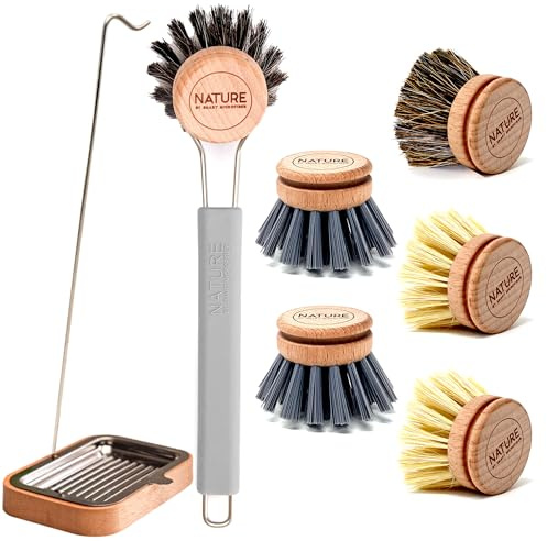 XL Spülbürste Set | Spülbürste - austauschbaren Bürstenkopf | Bürstenständer | 2X Kaktus, 2X Rosshaar, 2X. Kunststoff | nachhaltig, stilvoll abwaschen, spülen | Holz, Silikon, Edelstahl (grau)