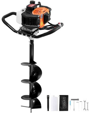 VEVOR Excavadora de Pozos a Gasolina de 52 cc y 1450 W Barrena para Postes a Gasolina con Brocas de 200 mm y 1 Varilla de Extensión para Vallas de Postes, Cultivo, Jardín, Plantas, Naranja y Negro