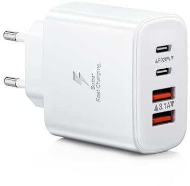 Chargeur USB C Rapide, 40W 4-Port iPhone Prise USBC Multi Secteur Alimentation Rapide Chargeur pour iPhone 15 14 13 12 11 Pro Max SE XS XR X 8 7 Plus, iPad, Samsung, Type C Mural Secteur Adaptateur