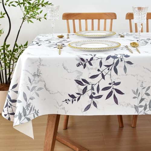 Yofori PVC Table Cloth, Leaves, 137x180cm, Rectangular | Wipe Clean, Marble Floral Pattern, Wipeable Vinyl Waterproof, For Kitchen Dining Outdoor Garden Picnic