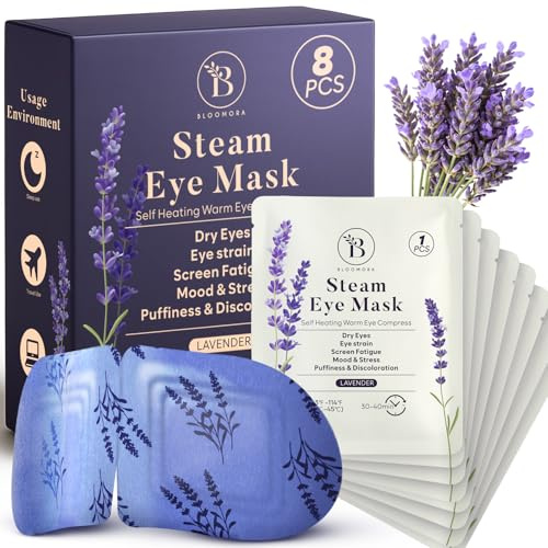 Lot de 8 Masque Chauffant Yeux à la Lavande – Masque Chauffant Vapeur pour Relaxation, Patch Yeux Secs, Poches et Fatigue – Compresses Auto-Chauffantes Jetables pour le Sommeil et les Voyages