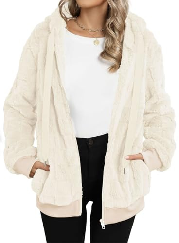 EIRUKON Abrigo Mujer Caliente Esponjoso Invierno Chaqueta Grueso Abrigos Sudadera Polar con Capucha Cremallera de Peluche Cálido Outerwear,Blanco,XL