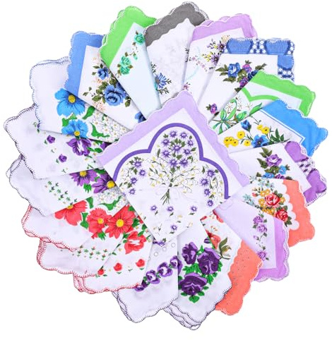 20 Pack Vintage Floral Print Cotton Handkerchiefs Bulk, Soft Cotton Embroidered Ladies Handkerchief, Flower Embroidered Ladies Hankies for Tea Party Favors, 12 * 12inches