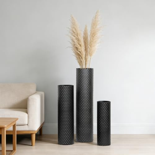 Vaso da pavimento grande nero in metallo, 70/55/40 cm, set di vasi da terra alti, elegante set di 3 vasi decorativi moderni a nido d'ape, grande vaso opaco per soggiorno, sala da pranzo, camera da