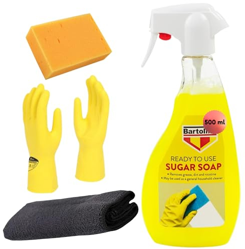 Sugar Soap Ready To Use Spray 500ml Bundle With Sponge, Microfibre Cloths and Latex Gloves (4 Items) | Multi Purpose Wall Cleaner for Decorating Prep, Grease and Grime Removal