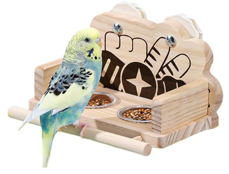 Bol À Nourriture pour Oiseaux - Double Réserve d'eau Transparente - Distributeur Anti-éclaboussures en Bois avec Perchoir,pour Perruche Calopsitte Tourterelle Inséparable Et Douche pour Animal