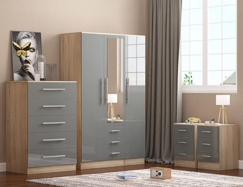 UNIQUE FURNISHINGS LTD HIGH GLOSS COMBI BEDROOM SET - COMBI WARDROBE + CHEST OF DRAWERS + 2 x BEDSIDE TABLES (Grey)