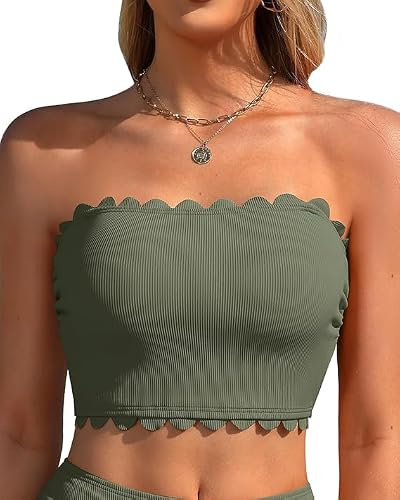 Charmo Womens Bikini Top Only Removable Straps Bathing Suits | Adjustable Straps, Push Up, Ribbed Fabric, Crisscross Tie Back, Beach, Swimming