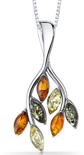 PEORA Genuine Baltic Amber Leaf Drop Pendant Necklace for Women 925 Sterling Silver, Rich Multiple Colors, with 18 inch Chain, Real Baltic Amber Necklace for Adults, 100% Natural from Baltic Region